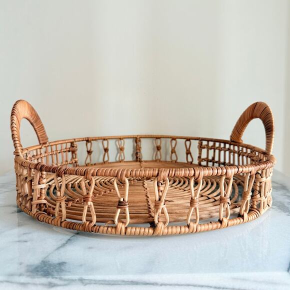 Vintage Hand Woven Serving Tray Dual Handles Rattan Wood 13.5” Round Primitive - Picture 2 of 7